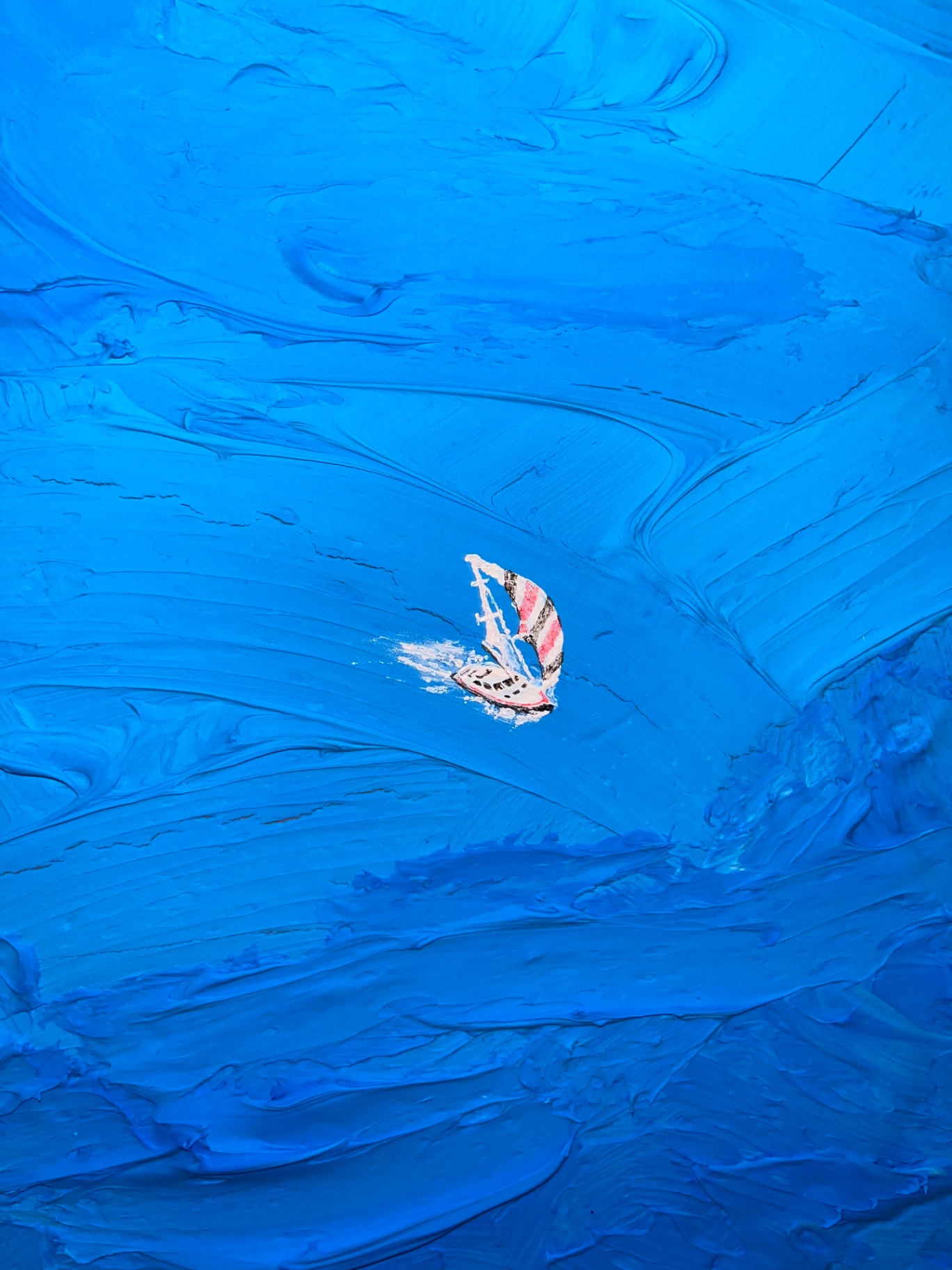 Blue impasto painting with a small sailboat at the centre